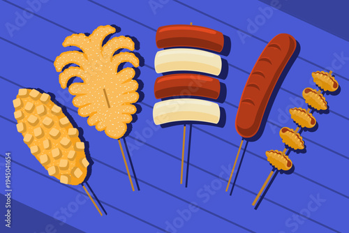 ollection of various grilled street food skewers or satay snacks illustration