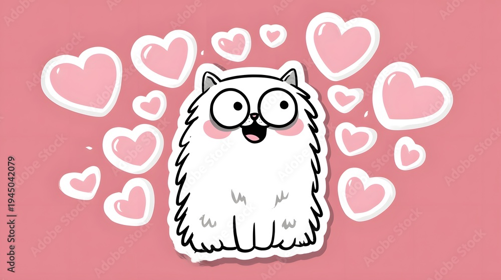 Naklejka premium Cute Fluffy White Cat Character Surrounded by Pink Hearts.