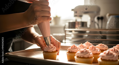 Close up of hands using a piping bag to decorate delicious cupcakes with creamy strawberry icing in a bright kitchen bakery