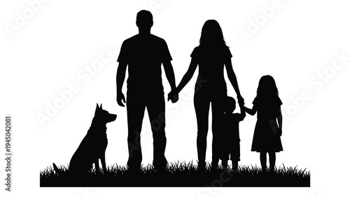 A silhouette of a happy family with their loyal dog standing together in unity and love on a peaceful grassy field