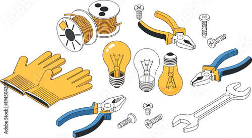 Electrical repair tools and components vector set including pliers, wrench, screws, light bulbs, cable spool and safety gloves for electrician maintenance work
