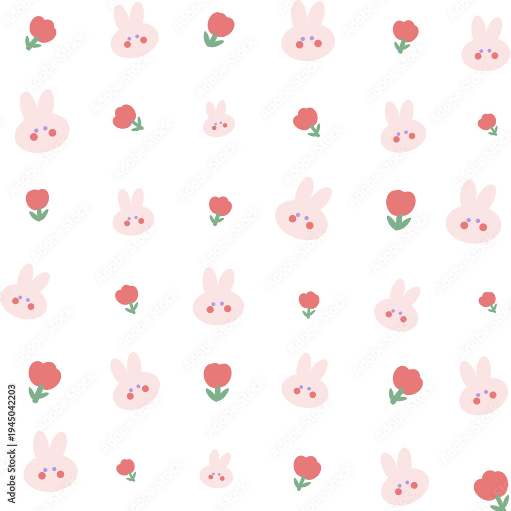 Obraz premium Minimalist Bunny and Red Rose Flower Seamless Pattern for Sweet Girly Stationery and Fabric