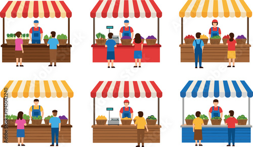 Farmers market stall collection with vendors and customers buying fresh vegetables vector illustration, outdoor organic food stands isolated on light background for retail design