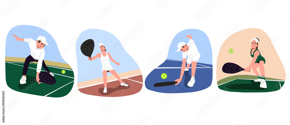 Fototapeta premium Flat vector illustration set of men and women playing padel on a court in different action scenes. Perfect for sports graphics, padel club promotion, fitness content, training materials, lifestyle 