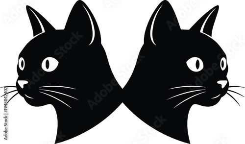 Black cat head silhouettes facing opposite directions minimalist pet animal vector illustration isolated icon logo design spooky feline