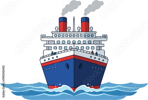 Front View Ocean Liner Cruise Ship Sailing on Sea – Cartoon Vector Maritime Transportation Illustration