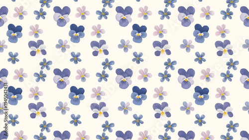 ブルーとピンクのラフな手描きお花とパンジーの総柄16:9背景	