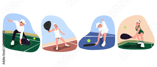 Flat vector illustration set of men and women playing padel on a court in different action scenes. Perfect for sports graphics, padel club promotion, fitness content, training materials, lifestyle 