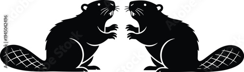 Beaver silhouettes facing each other with detailed tails wildlife animal emblem logo black vector illustration isolated design