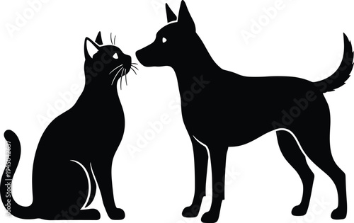 Cat and dog silhouettes facing each other friendly pet companionship black vector illustration isolated animal logo icon design
