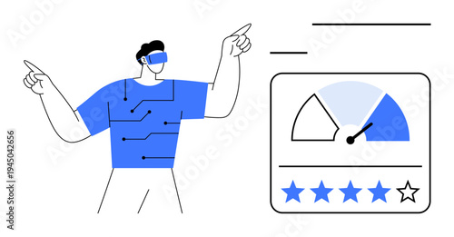 User experience concept. User interaction with virtual reality tied to customer satisfaction scoring. User experience impacts ratings and performance analytics. For tech, reviews, gaming