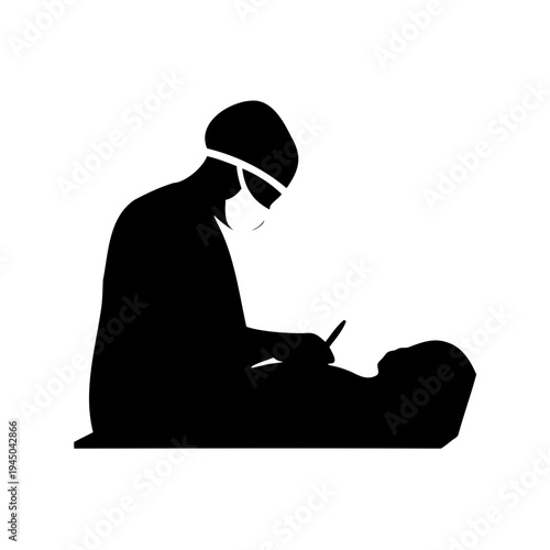 Silhouette of a surgeon with mask and cap conducting a medical operation on a patient Vector, illustration