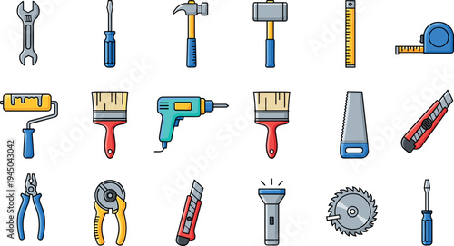 Hand tools collection vector set including hammer, wrench, screwdriver, drill, saw, pliers, tape measure and cutter for construction, repair, carpentry and DIY work