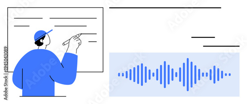 Communication concept. Communication illustrated with man writing on a board and a graphical audio waveform design. Communication learning, technology, speech, and interaction. Suitable