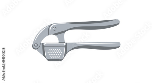Detailed illustration of light gray garlic press centered with ergonomic handles and grid-patterned crushing mechanism on plain white background for cooking utensil design and food preparation guide