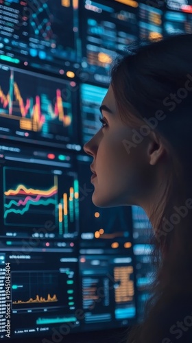 Young woman analyzing financial data on computer screen with stock market graphs and charts.