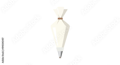 White pastry bag filled with frosting, silver metal tip, brown rubber band, cooking utensil for cake decoration as kitchen tool illustration