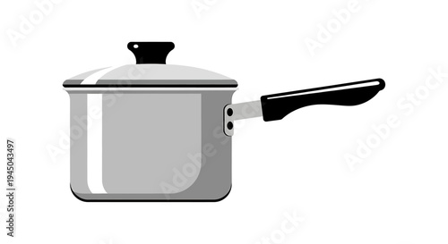 Digital illustration of a grey pot with lid, right-side black handle and silver bracket on plain background, product design showcasing cooking and kitchenware utensil for product catalog
