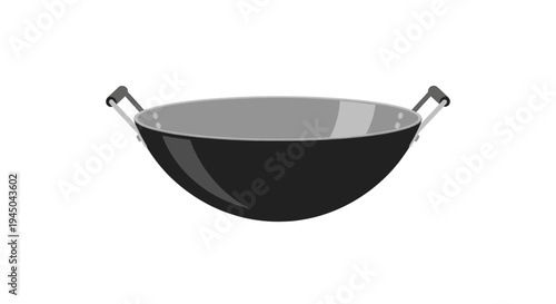 Elegant Black Cooking Utensil Wok with Dual Handles Metal Kitchen Tool Reflective Shiny Design Industrial Style Product Illustration Flat Lay