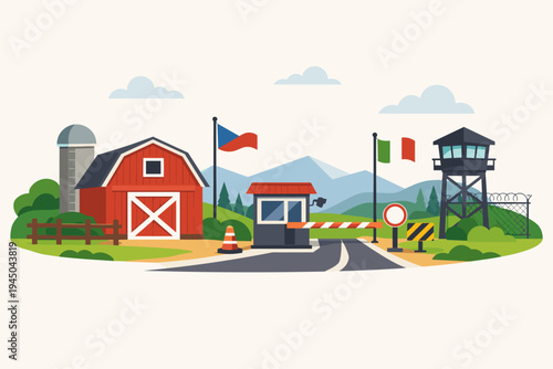Flat vector illustration of a border crossing checkpoint between the Czech Republic and Italy, featuring a red barn, silo, guard booth with barrier, watchtower, and scenic mountain landscape.