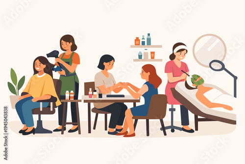 Beauty Salon Customers Receiving Professional Services Including Hair Styling, Manicure, and Facial Treatment. Flat Vector Illustration of Women Enjoying Spa Day, Haircare, and Nail Care in Studio