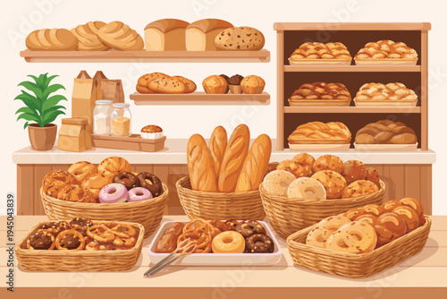 Flat vector illustration of a bakery shop interior with shelves and wicker baskets filled with assorted fresh bread, pastries, donuts, bagels, pretzels, muffins, and baguettes on a light background.