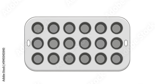 Grayscale Illustration of a Rectangular Cooking Utensil with 20 Circular Indentations in Four Rows for Baking and Technical Design Purposes