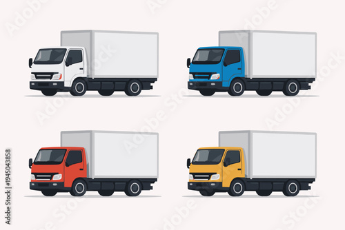 Collection of four delivery box trucks in white, blue, red, and yellow. Flat vector illustration of commercial cargo vehicles for logistics, shipping, distribution, and freight transport services.