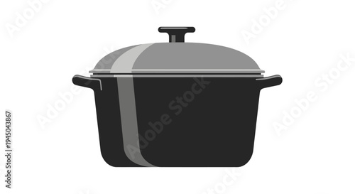 Flat-style black Dutch oven with lid, handles, and light gray stripe — minimalist cooking illustration designed for design and illustrative purposes