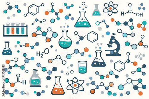 Seamless Vector Pattern with Chemical Formulas, Molecular Structures, and Laboratory Equipment; Featuring Flasks, Test Tubes, Atoms, and Microscopes for Science Education and Research Backgrounds
