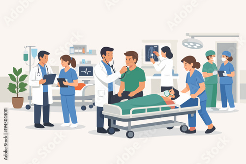 Hospital Medical Service with Professional Doctors and Nurses Caring for Patients in a Clinic or Emergency Room, Flat Vector Illustration of Healthcare Staff, Surgeons, and Medical Equipment.