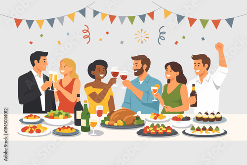 Happy diverse group of friends celebrating a festive banquet with delicious food and drinks. Flat vector illustration of people toasting at a party with roasted turkey, wine, and decorations.