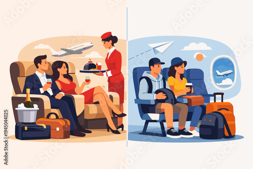 Comparison of First Class and Economy Class Air Travel with Passengers in Luxury Seats and Low Cost Airline Cabin, Flight Attendant Serving Wine and Food, Flat Vector Illustration Concept.