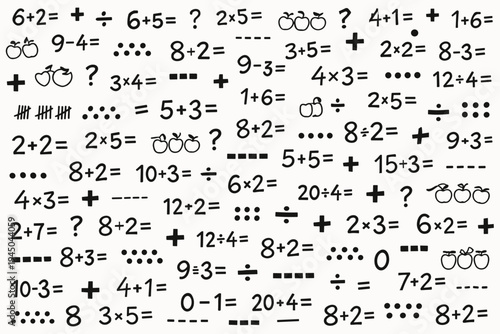 Seamless Hand Drawn Math Pattern with Arithmetic Equations, Numbers, and Symbols. Blackboard Style Calculation Background for Back to School, Education, Learning, and Teaching. Vector Illustration.