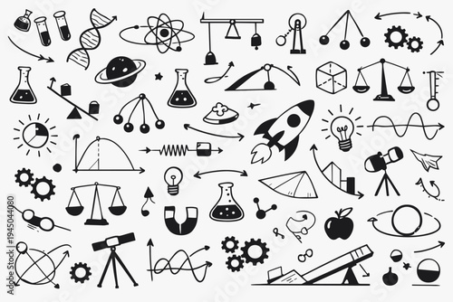 Hand Drawn Science Doodles Vector Set Featuring Physics Chemistry Astronomy and Biology Icons Laboratory Equipment Formulas and Educational Symbols for School Background and Creative Design