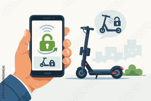 Man Hand Holding Smartphone with Mobile App Interface to Unlock and Rent Electric Kick Scooter, Urban Micro-mobility Service and Smart City Transportation Vector Illustration Concept