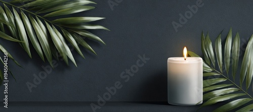 A serene scene featuring a lit candle beside lush green palm leaves against a dark background, creating a calming atmosphere.
