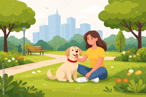 Happy Young Woman Sitting on Green Grass in a City Park with Her Golden Retriever Dog, Enjoying a Sunny Day Outdoors with Modern Urban Skyline and Skyscrapers in the Background, Flat Illustration.