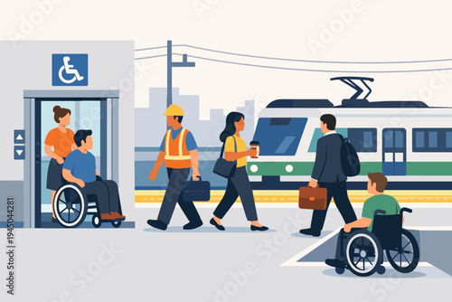 Diverse Commuters at an Accessible Electric Train Station Featuring an Elevator for Disabled People, Wheelchair Users, and Workers in a Flat Vector Illustration of Urban Public Transport.