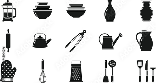 Flat, vector, illustration, set, of, kitchenware, and, cooking, tool, icons, including, French, press, bowls, teapot, tongs, grater, whisk, and, oven, mitt, on, white