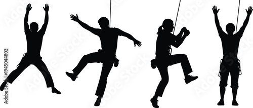 Flat, vector, illustration, set, of, mountain, rock, climber, silhouettes, featuring, men, climbing, with, ropes, and, harness, in, various, athletic, poses, isolated, on, white, background