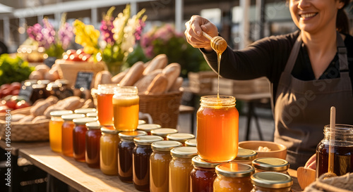 Close up of a woman dipping a honey wand into a glass jar at a market stall with many jars