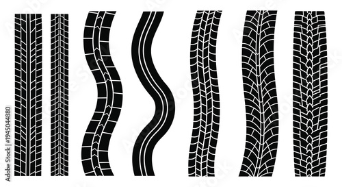 A collection of diverse tire tread patterns displayed as bold black shapes silhouette high quality professional