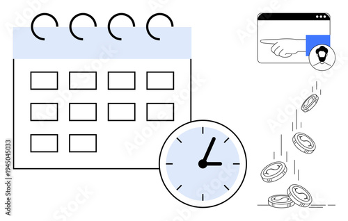 Time management, online scheduling, productivity tools, financial strategy, digital planning, workplace efficiency. A calendar, clock browser window and falling coins. Time management