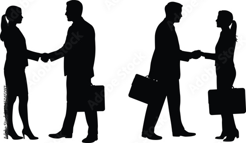 Silhouette of business men and women shaking hands with briefcases, professional partnership, corporate agreement, teamwork, minimalist vector illustration