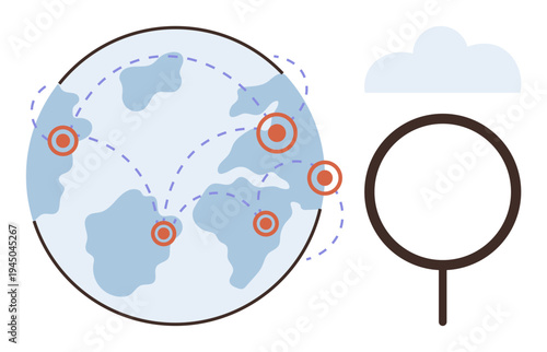 Global communication, geolocation services, technology advancement, data analysis, worldwide tracking, digital interconnectedness. A world map with pinpointed locations and a magnifying glass. Global