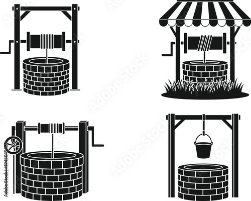 Flat, vector, illustration, set, of, traditional, stone, water, well, icons, featuring, windlass, crank, bucket, roof, and, canopy, designs, isolated, on, white, background, for, rural