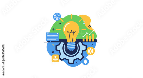 Abstract illustration of a light bulb with cogwheels and graphic elements