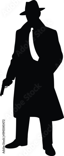 Silhouette of a man aiming a handgun pistol, male shooter standing in firing position, secret agent, hitman, police officer silhouette, 18-20 words.