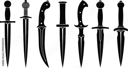 Flat, vector, illustration, set, of, various, antique, dagger, silhouettes, featuring, double, edged, blades, ornate, hilts, and, traditional, historical, knife, designs, 